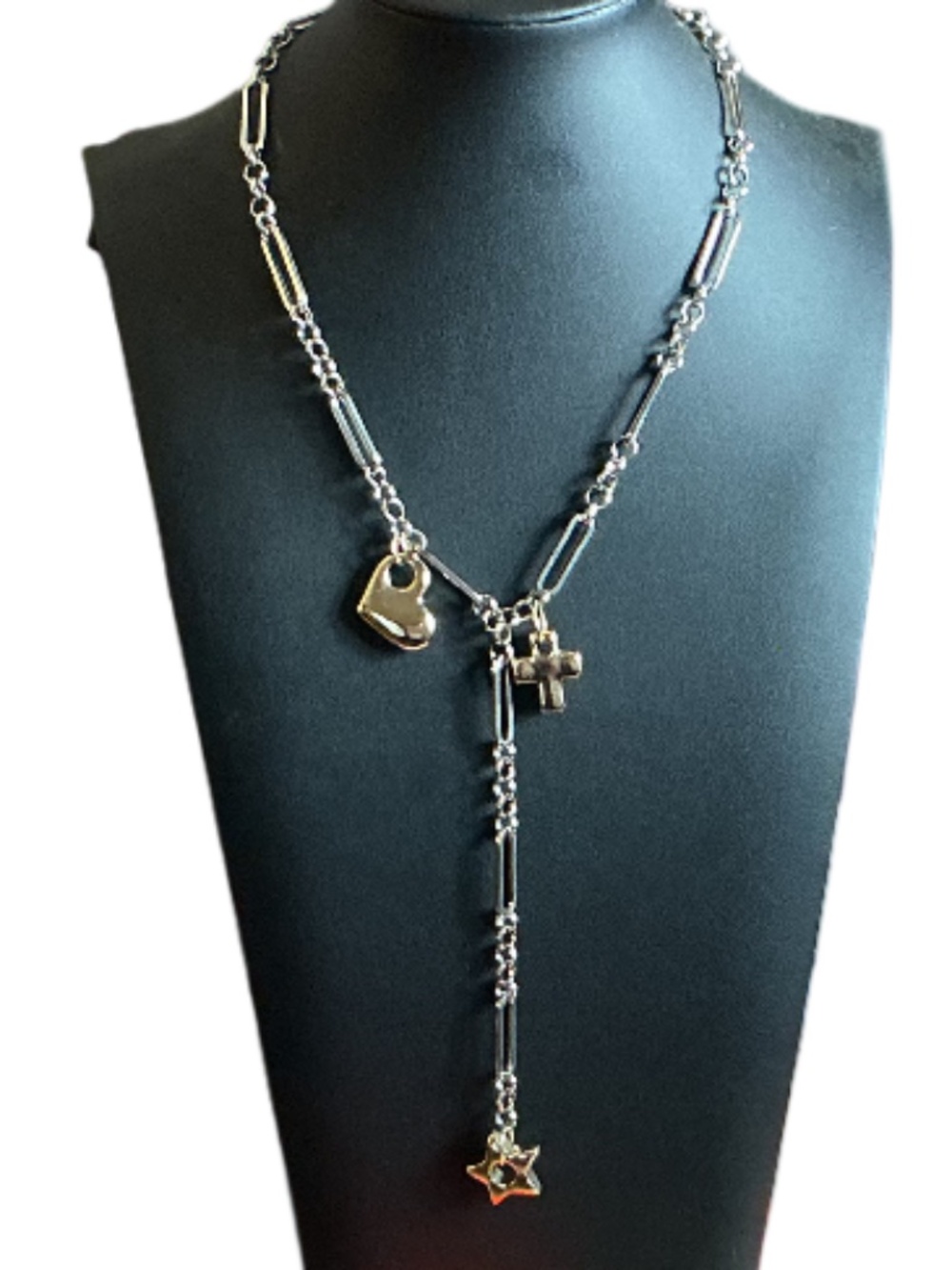Steve Madden Silver-Tone Lariat Necklace with Heart, Cross & Star Charms